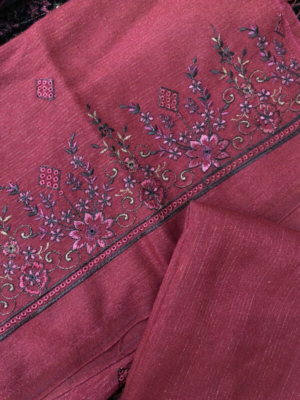 3-Piece Unstitched - Heavy Embroidered Suit with Velvet Shawl - Light Khaddar