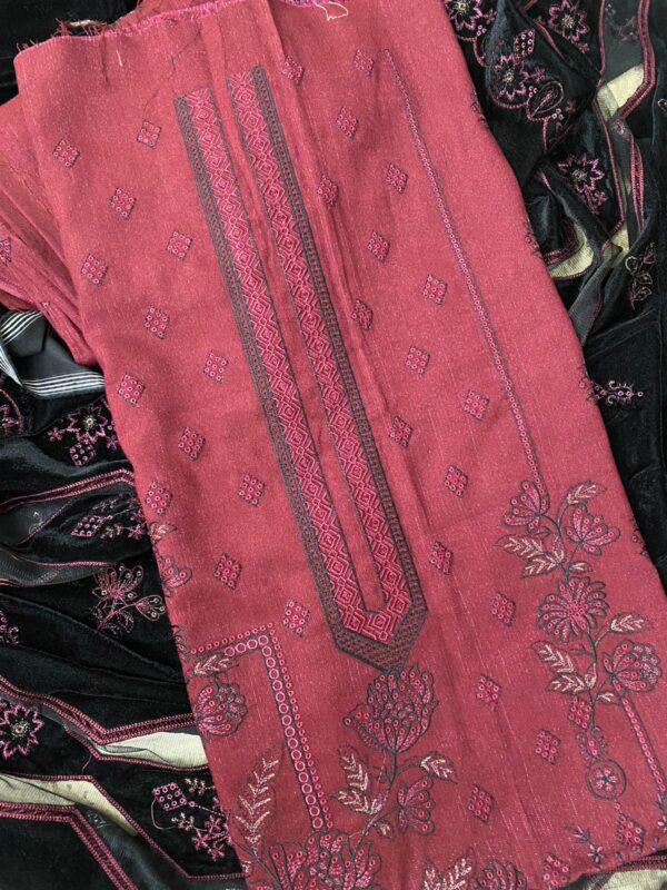 3-Piece Unstitched - Heavy Embroidered Suit with Velvet Shawl - Light Khaddar - Image 2